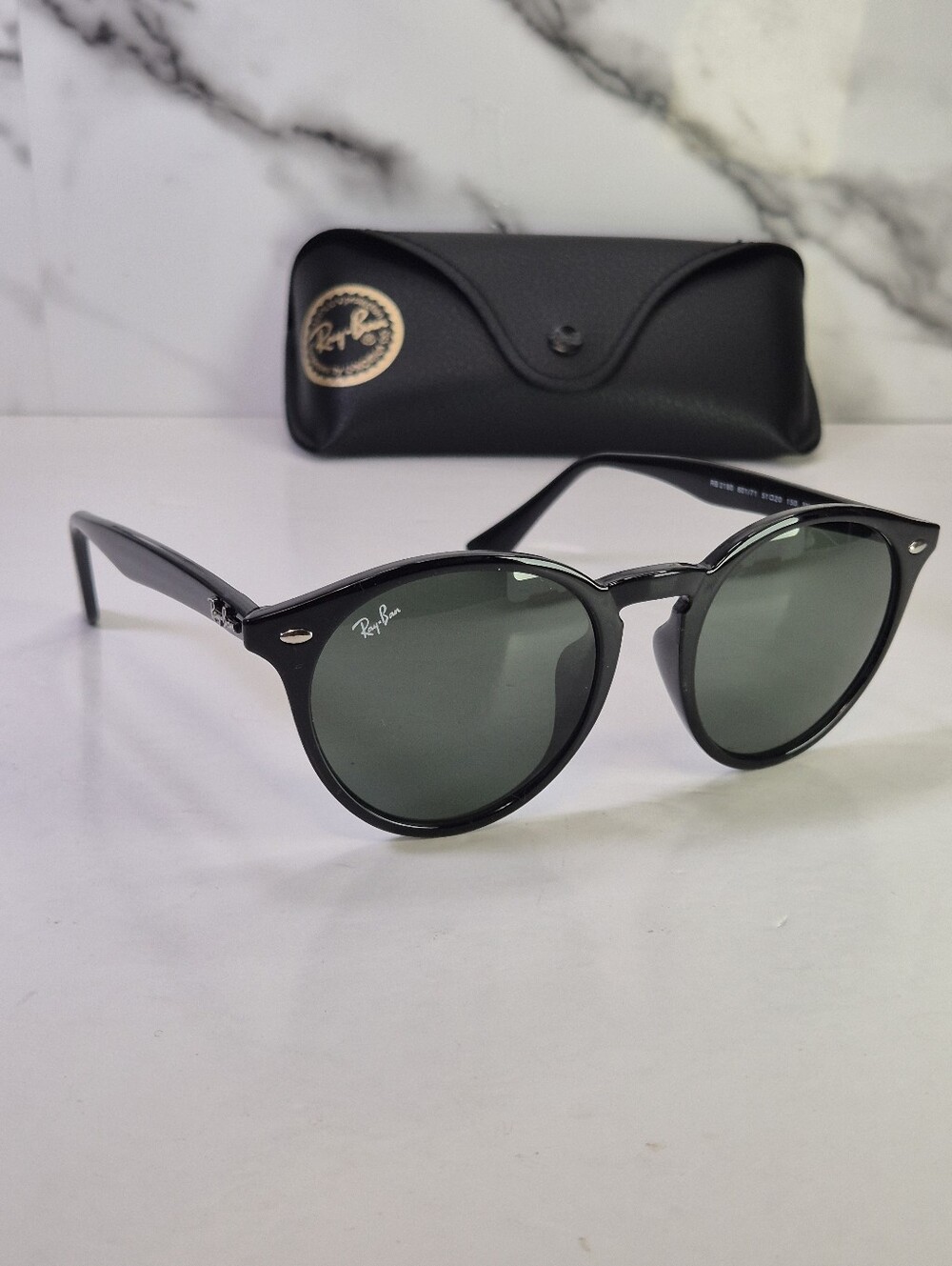 Ray-Ban Round Black Frame Sunglasses with Green Lenses 51mm